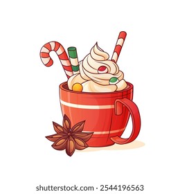 Winter vector illustration of hot drink with whipped cream and anise. Coffee shop, drink, bar concept. For design, poster, banner, decoration of menu. Merry Christmas, cozy winter, New Year concept.