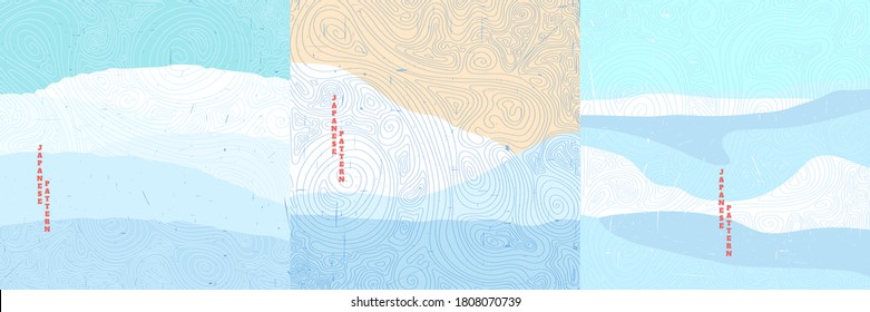 Winter. Vector illustration landscape. Japanese wave pattern. Mountain background. Asian style. Design for social media wallpaper, blog post template. Old paper with scratches. Snowy weather. Frozen