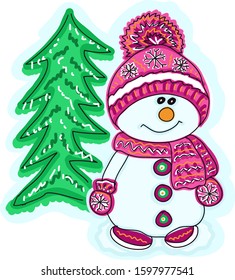 Winter vector illustration with little cute and funny snowman