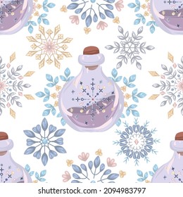 Ilustración vectorial de invierno con botella de poción mágica, copos de nieve hechos a mano, fondo claro, patrón sin soldadura