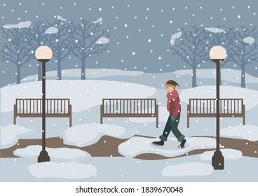 ilustración vectorial invernal de un hombre caminando lentamente por el parque en un día nevado