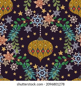 Winter vector illustration with mistletoe branches, snowflakes, gingerbread cookie, tree decoration, handmade, dark background, seamless pattern