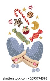 Winter vector illustration with Mittens, candy. Poster, drawings for card, handmade, prints on T-shirts