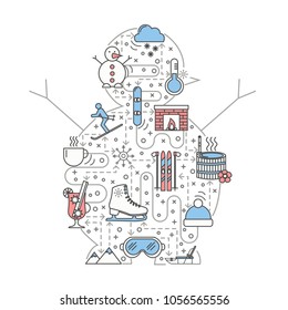 Winter vector illustration. Modern thin line art flat style design element in the shape of snowman with winter fun symbols, icons for website banners and printed materials.