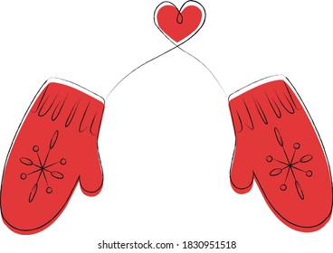 Winter vector illustration. New Year's illustration. Red mittens in connection with the heart