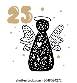 Winter vector Illustration of nordic angel. Twenty-four days before holiday, twenty fifth Day. Christmas Advent calendar with cute scandinavian hand drawn.
