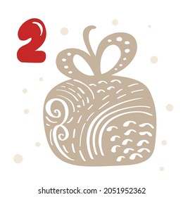 Winter vector Illustration of nordic gift box. Christmas Advent calendar twenty five days before holiday xmas, two Day. cute scandinavian hand drawn.