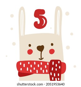 Winter vector Illustration of nordic rabbit in scarf. Christmas Advent calendar twenty five days before holiday xmas, five Day. cute scandinavian hand drawn.