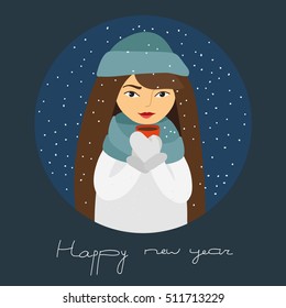 winter vector illustration on Christmas theme. Girl in scarf, cap and gloves holds cup of coffee and happy new year. Template for invitation, greeting card. Snow falling on background.