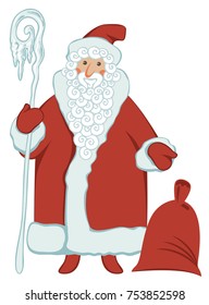 Winter vector illustration on the theme of Merry Christmas and Happy New year. Cartoon Santa Claus with magic staff and gift bag on white background