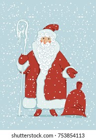 Winter vector illustration on the theme of Merry Christmas and Happy New year. Cartoon Santa Claus with magic staff and gift bag on the background of snowfall
