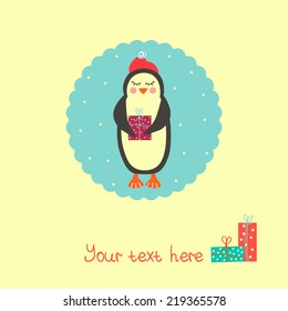 Winter vector illustration with penguin and gift boxes. Perfect for Christmas cards. 
