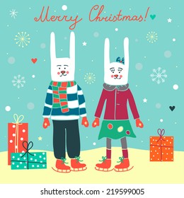 Winter vector illustration with rabbits and gift boxes. Perfect for Christmas cards. 