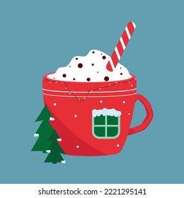 Winter vector illustration. Red cup with hot aroma drink and decorative elements and with new year tree with snow