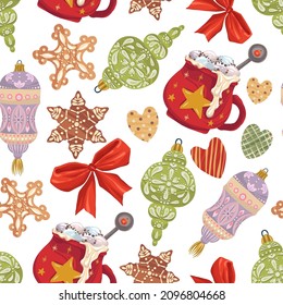 Winter vector illustration, seamless pattern with  cocoa mug, gingerbread cookie, ribbon, christmas tree toys, light background