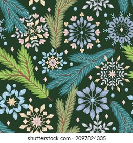 Winter vector illustration, seamless pattern with  Snowflakes, fir branches, dark background