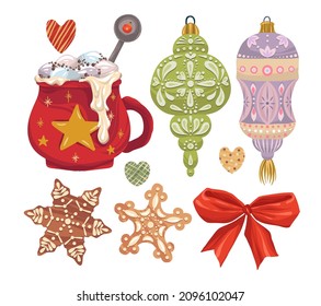 Winter vector illustration with set cocoa mug, gingerbread cookie, ribbon, christmas tree toys, card for you, prints on T-shirts