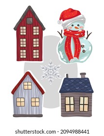Winter vector illustration with set scandinavian houses, snowman, handmade, card for you, prints on T-shirts