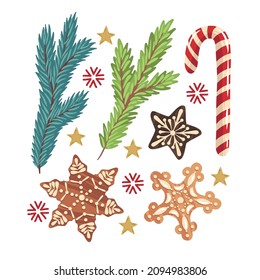 Winter vector illustration with set spruce branches, gingerbread cookies, candy cane, card for you, prints on T-shirts