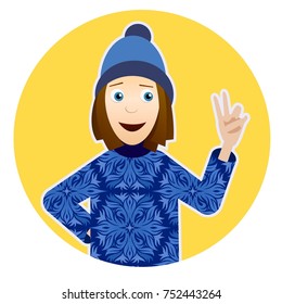 Winter vector illustration with smiling girl in knitted sweater with snowflakes , hat and victory hand