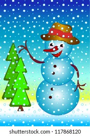 Winter vector illustration with smiling snowman and firs