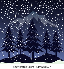 winter vector illustration, snowfall in the forests and mountains