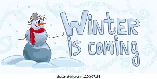 Winter vector illustration of a snowman. Cheerful snowman and snow drifts.