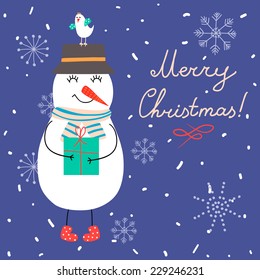 Winter vector illustration with snowman and gifts. Perfect for Christmas cards. 