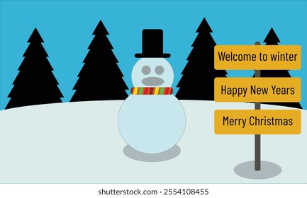 Winter vector illustration with snowman, pine tree and welcome sign