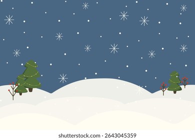 Winter vector illustration with snowy trees and a serene winter scene. Copyspace in the background ideal for banners. Perfect for holiday ads, greeting cards, seasonal promotions, and social media