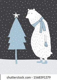 Winter Vector Illustration with White Polar Bear Standing Next to Christmas Tree. Cute Teddy Bear in a Hat and a Scarf. Lovely Winter Nursery Art for Poster, Card, Greeting, Wall Art, Room Decoration.