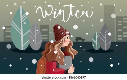 Wintervektorgrafik. Junge Mädchen hält ein Buch unter ihrem Arm und geht in die dunkle Straße. Es schneit und kalt. Motif ist gut für Design der neuen Jahre Grußkarten.