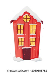Wintervektor einzeln Weihnachtsgrafik von Cartoon-Haus mit Schnee und Licht in den Fenstern.