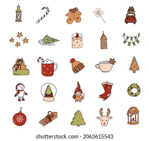 Winter vector isolated elements. For icons, pattern. Cute illustrations: candle, candy, mittens, sparkler, car with present, stars, Christmas tree on the sled, house, new year lettering, wreath, gift