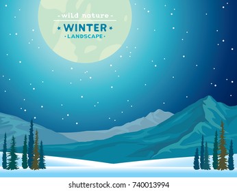 Winter vector landscape with blue mountains, forest, snow, full moon and night starry sky. Wild nature.