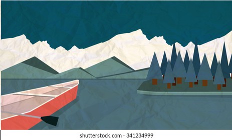 Winter vector landscape with boat floating on a lake