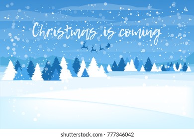 Winter vector landscape. Christmas background with Silhouette of Santa Claus Driving in a Sledge with Text Christmas is coming.