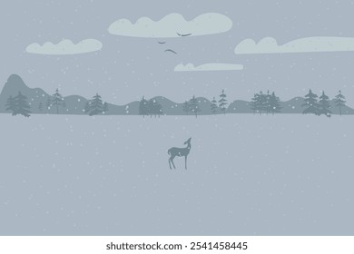 Winter vector landscape with deer and snowfall