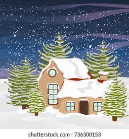 Winter vector landscape. House with one-storey and red roof in the snow, big firs, snowdrifts and snowfall.  Night sky and stars. 