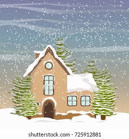 Winter vector landscape. House in the snow, big firs, snowdrifts and snowfall.