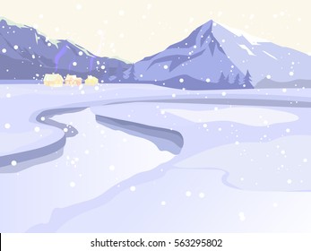 Winter vector landscape. Mountain landscape. In the background one can see small village. Beautiful background. Landscape in blue shades.