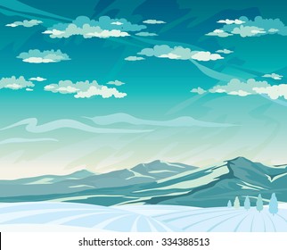 Winter vector landscape with mountains and cloudy blue sky