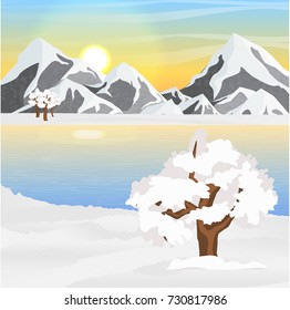 Winter vector landscape with mountains covered with snow, a frozen lake or river, snowdrifts and a big tree in the snow after a snowfall. Sunny day.