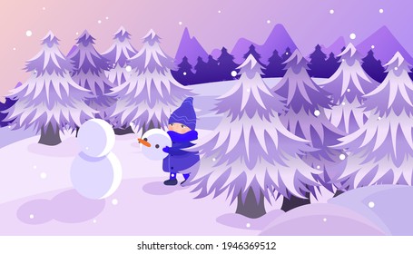 Winter vector landscape with mountains, snow, trees. 
The child plays outside and makes a snowman.