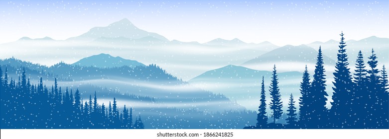 Winter vector landscape, panoramic view. Mountain peaks in the fog, forest.