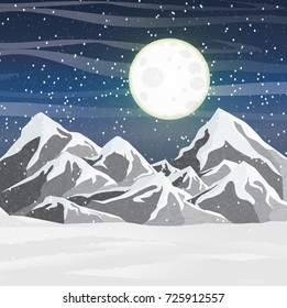 Winter vector landscape with realistic snow-capped mountains and snowdrifts. Starry night with a big full moon. Snowfall.