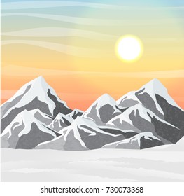 Winter vector landscape with realistic snow-capped mountains and snowdrifts.  Dawn in the mountains.