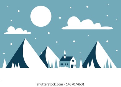 Winter vector landscape, snow in the sky and blue mountain. Blue design. Outdoor scenery, cold season.