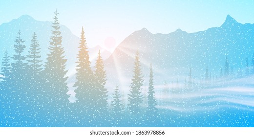 Winter vector landscape. Snowy mountain view. Morning light, sunrise.