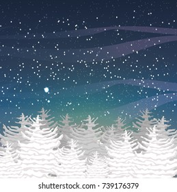 Winter vector landscape with the tops of snow-covered firs and a starry night sky. 